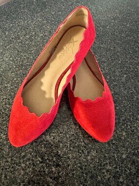 Red faux suede ballet shoe